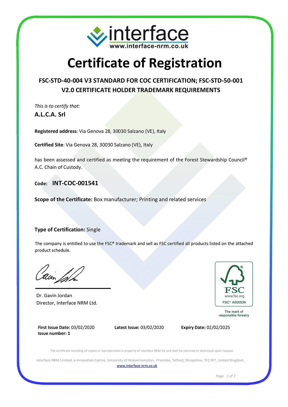 fsc certificate alca srl